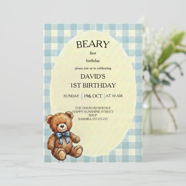 Teddy Bear 1st Birthday Einladung (Stehend Vorderseite)