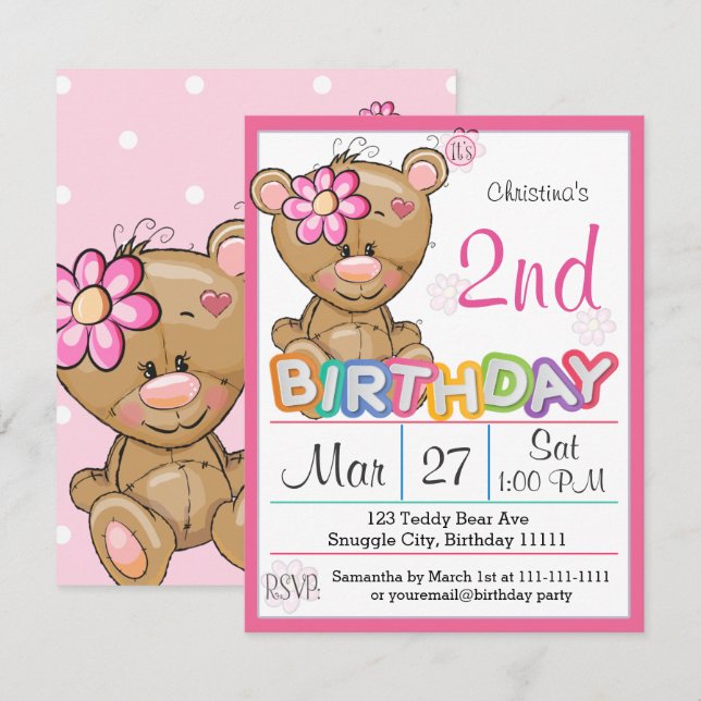 Teddy Bear 2. Geburtstag Party Einladung (Vorne/Hinten)