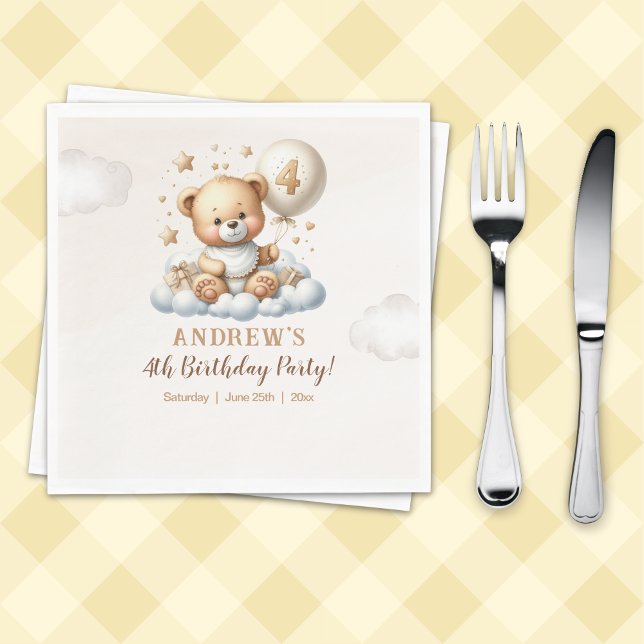Teddy Bear 4th Birthday Party Napkins Serviette (Von Creator hochgeladen)