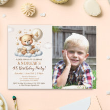 Teddy Bear 4th Birthday Photo Invitation for Boys