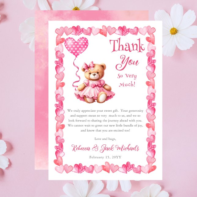 Teddy Bear A Little Sweetheart Girl Baby Shower Dankeskarte (Pink Hearts | Teddy Bear "A Little Sweetheart Is On The Way" Girl Baby Shower Thank You Card)