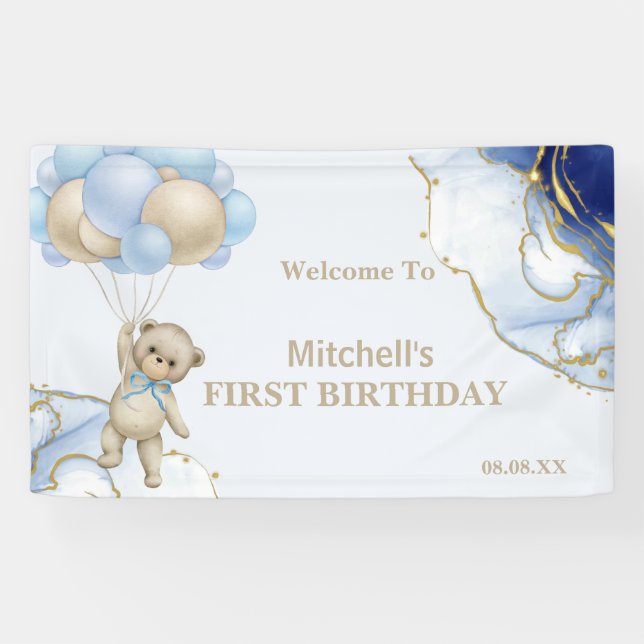 Teddy Bear Abstrakt Blue Gold Ballon Willkommen Banner (Horizontal)