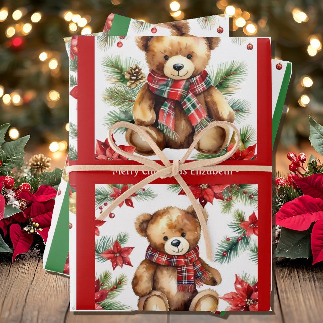 Teddy Bear Add Name Cute Christmas 3 Geschenkpapier Set (Von Creator hochgeladen)