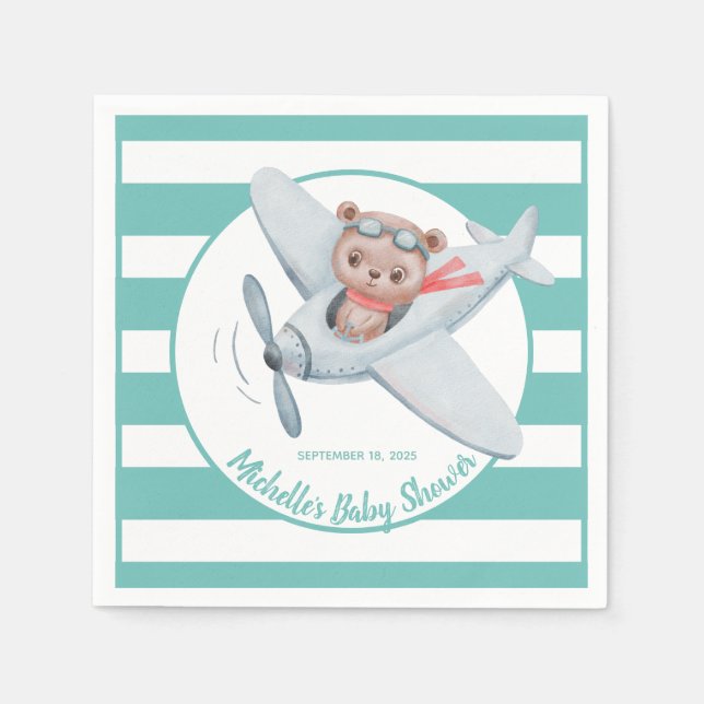 Teddy Bear Airplane Babydusche Geschlecht neutral Serviette (Vorderseite)