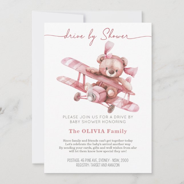 Teddy Bear Airplane | Babydusche von Mail Pink Einladung (Vorderseite)