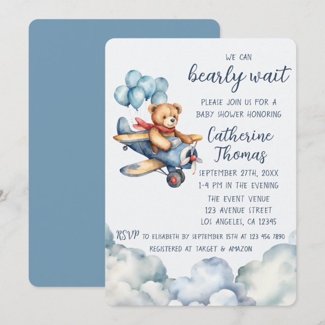Teddy Bear Airplane Balloons Boy Baby Shooter Einladung (Vorne/Hinten)