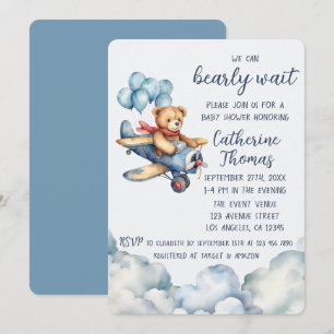 Teddy Bear Airplane Balloons Boy Baby Shooter Einladung
