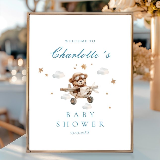 Teddy Bear & Airplane Begrüßungsdusche Poster (Personalized Teddy Bear & Airplane Welcome Baby Shower Poster)