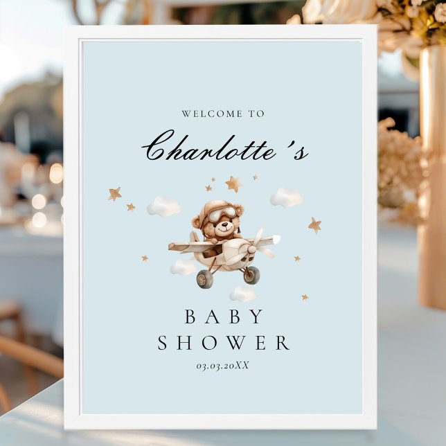 Teddy Bear & Airplane Begrüßungsdusche Poster (Personalized Teddy Bear & Airplane Welcome Baby Shower Poster)