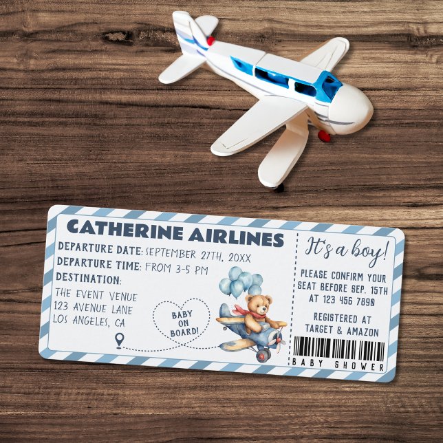 Teddy Bear Airplane Boarding Pass Boy Baby Dusche Einladung (Von Creator hochgeladen)