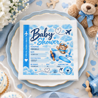 Teddy Bear Airplane Boarding Pass Boy Baby Shower Serviette