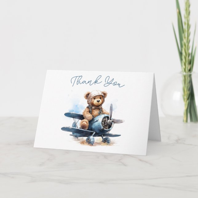 Teddy Bear Airplane Watercolor Baby Vielen Dank Karte (Vorderseite)