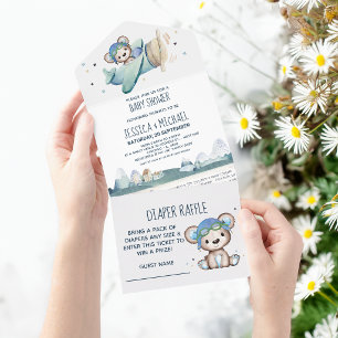 Teddy Bear Airplane Windeln Raffle und Babydusche All In One Einladung