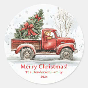Teddy Bear Alter roter LKW Weihnachten Runder Aufkleber