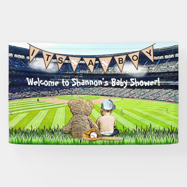 Teddy Bear and Baby Baseball Field Baby Show Banner (Horizontal)