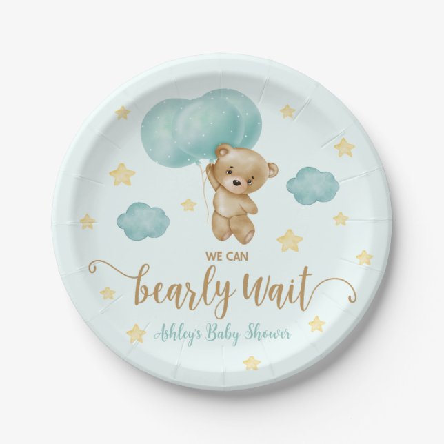 Teddy Bear and Blue Balloons Baby Dusche Pappteller (Vorderseite)