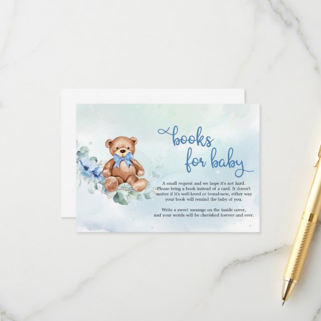 Teddy Bear and Blue Floral Books for Baby Begleitkarte (Vorderseite/Rückseite Beispiel)