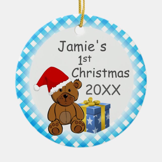Teddy Bear and Blue Kariert Baby's 1. Christmas Keramik Ornament (Vorne)