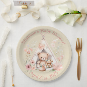 Teddy Bear and Bunny in Teepee Tent Baby Dusche Pappteller
