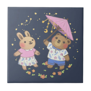 Teddy Bear and Bunny under the Stars Illustration Fliese