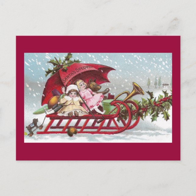 Teddy Bear and Dollars on Sled Vintage Weihnachten (Vorderseite)