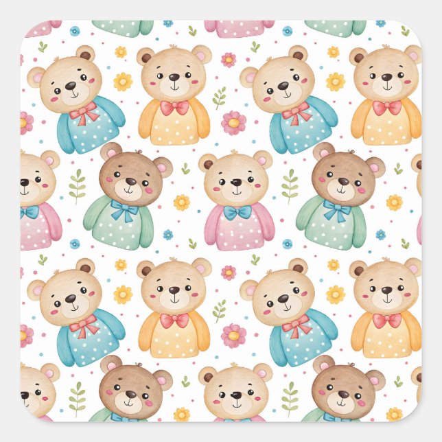 Teddy bear and flowers quadratischer aufkleber (Vorderseite)
