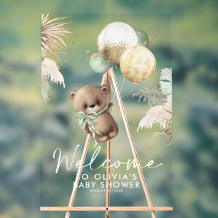 Teddy Bear and Green Balloons Baby Dusche Willkomm Acrylschild