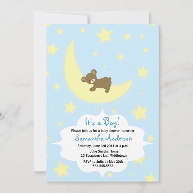 Teddy Bear and Moon Baby shower Invitation - Boy (Devant)