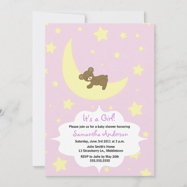 Teddy Bear and Moon Baby shower Invitation - Girl (Devant)