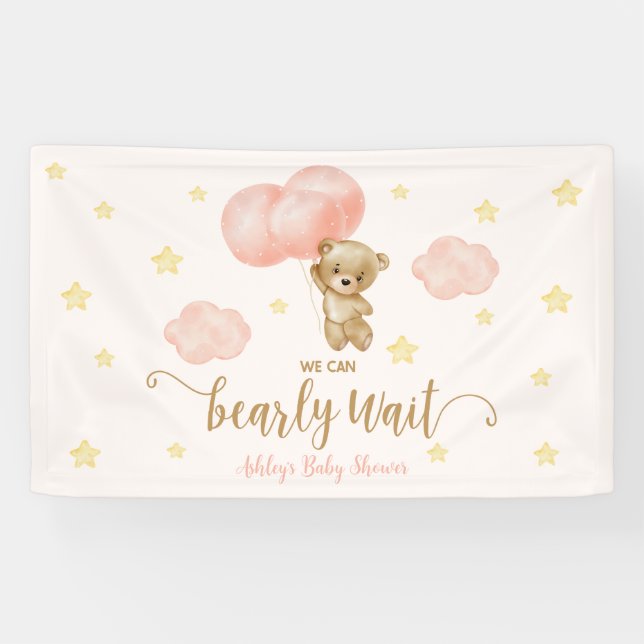 Teddy Bear and Pink Balloons Baby Dusche Party Banner (Horizontal)