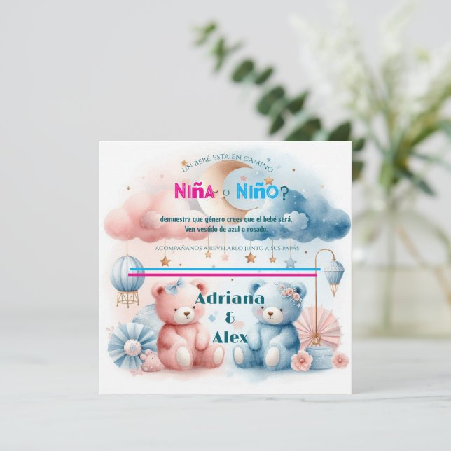 Teddy Bear and Stars Gender Reveal Custom Save The Date (Stehend Vorderseite)