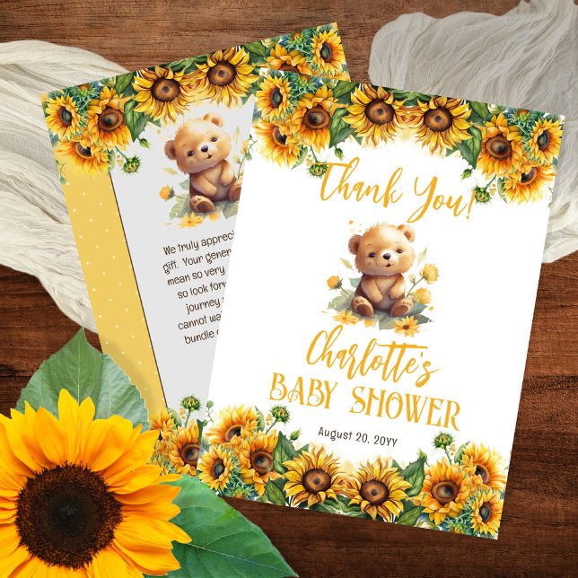 Teddy Bear and Sunflowers Baby Dusche Dankeskarte (Von Creator hochgeladen)