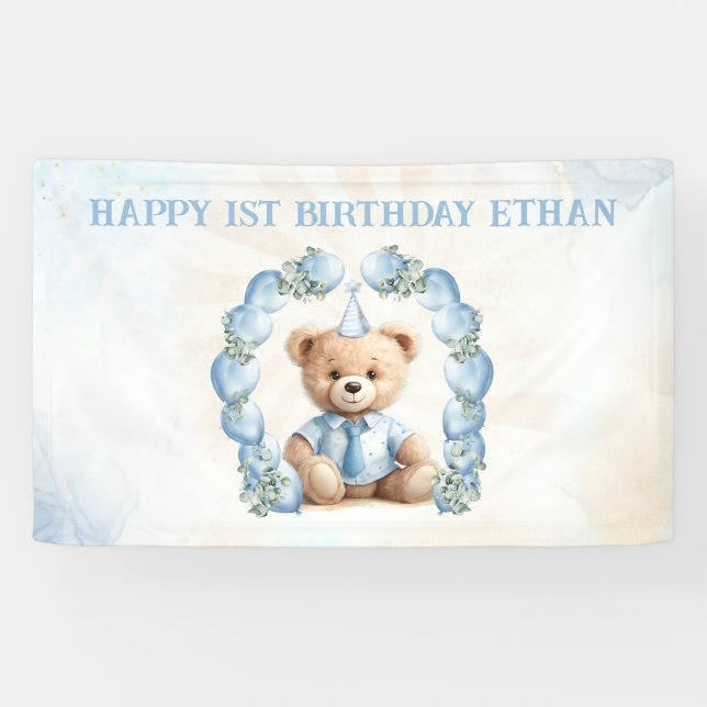 Teddy Bear Anniversaire Bleu Balloon Arch Bannière (Horizontal)