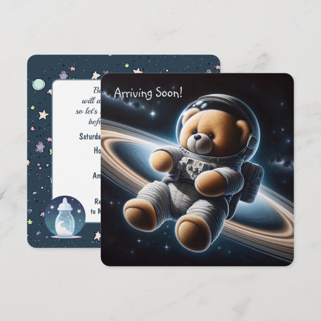 Teddy Bear Astronaut Baby Boy Dusche Einladung (Vorne/Hinten)