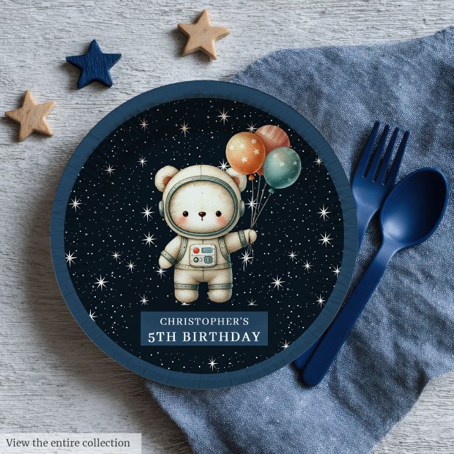 Teddy Bear Astronaut Duschpapier Teller Baby Boy (Teddy Bear Astronaut Shower Paper Plates Baby Boy)