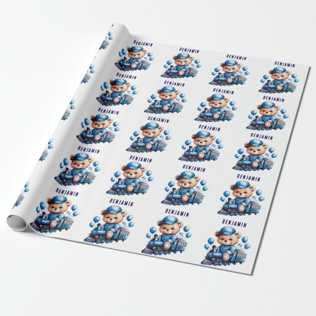 Teddy Bear auf einem Blue Train Boy Baby Geschenk Geschenkpapier (Ungerollt)