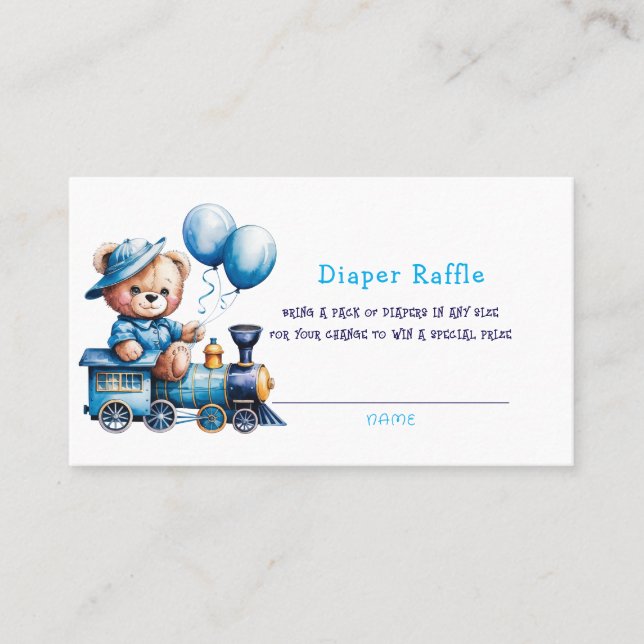 Teddy Bear auf einem Blue Train Boy Diaper Raffle Visitenkarte (Vorderseite)