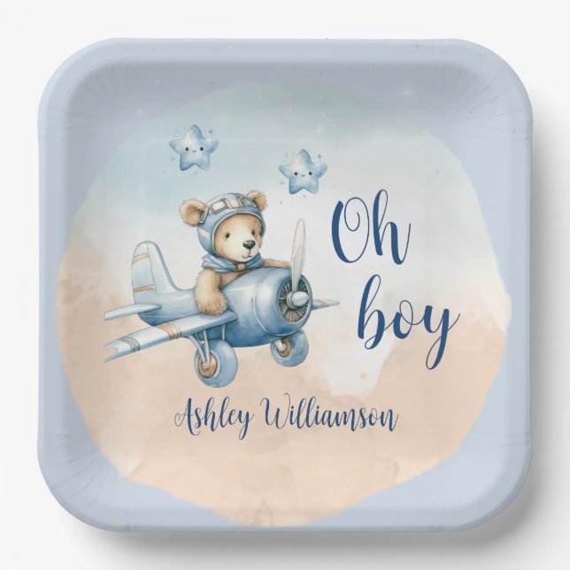 Teddy Bear Aviator Oh Boy Baby Dusche Pappteller (Vorderseite)