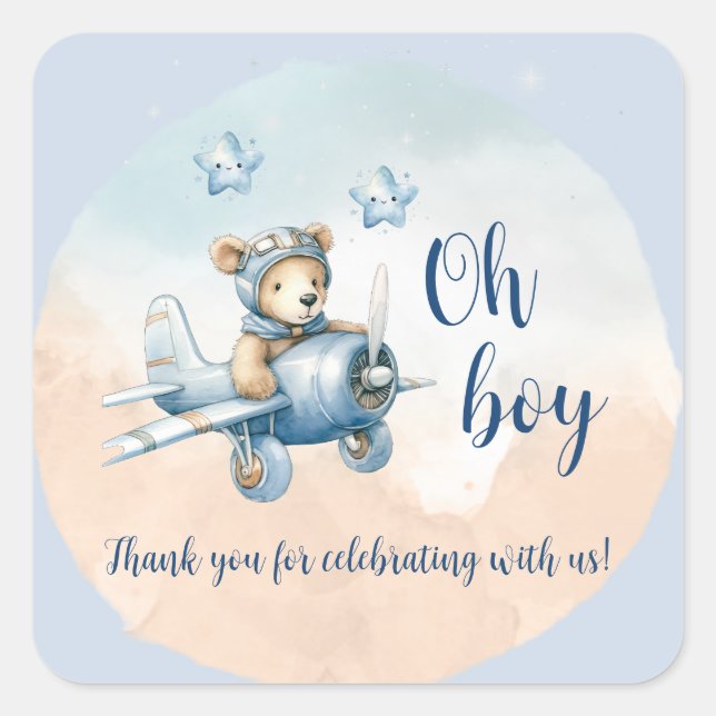 Teddy Bear Aviator Oh Boy Baby Dusche Quadratischer Aufkleber (Vorderseite)