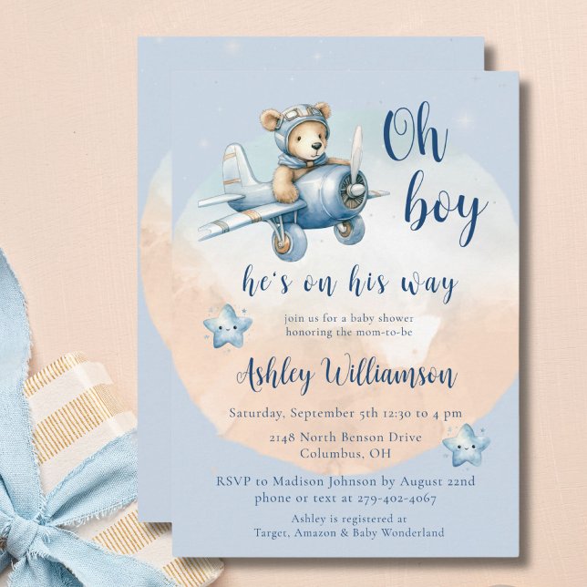 Teddy Bear Aviator Oh Boy Baby shower Invitation (Créateur téléchargé)