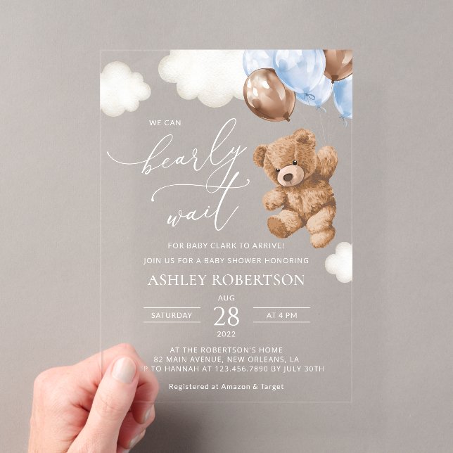 Teddy Bear, Baby Bear, Blue Balloons, Babydusche Acryleinladungen (Insitu (Handheld))
