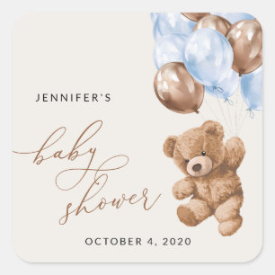 Teddy Bear, Baby Bear, Blue Balloons, Babydusche Quadratischer Aufkleber