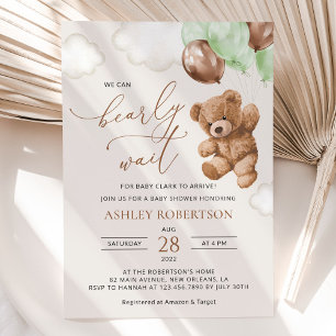 Teddy Bear, Baby Bear, Grüne Balloons, Babydusche Einladung