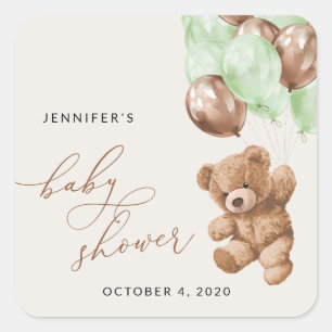 Teddy Bear, Baby Bear, Grüne Balloons, Babydusche Quadratischer Aufkleber