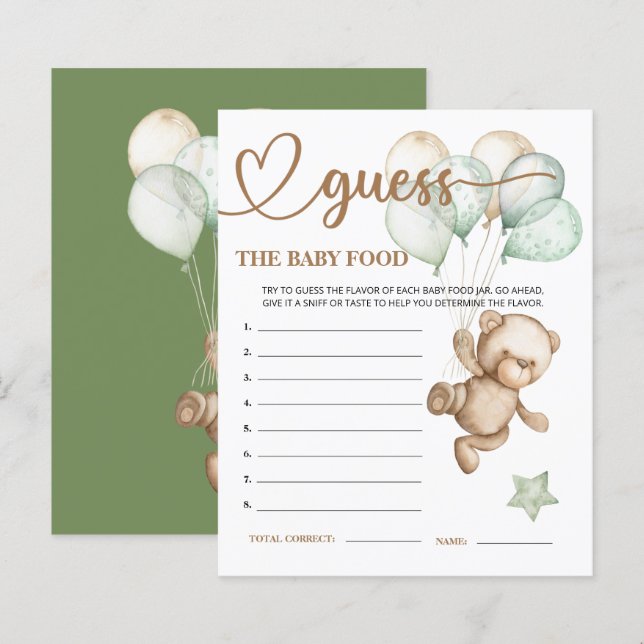 Teddy Bear Baby Bear Guess die Baby Food Card. (Vorne/Hinten)