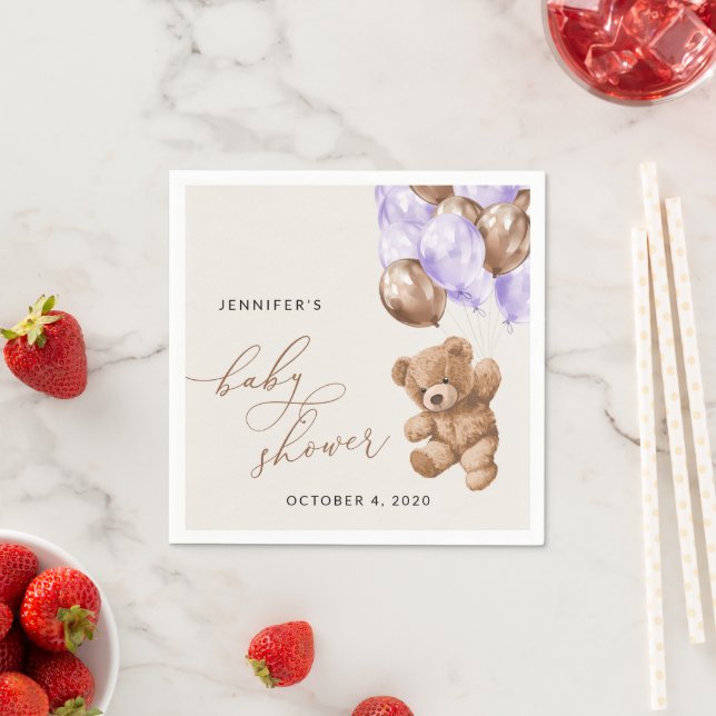 Teddy Bear, Baby Bear, Lila Ballon, Babydusche Serviette (Beispiel)