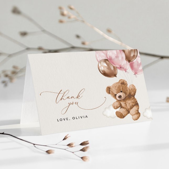 Teddy Bear, Baby Bear, Pink Balloons, Babydusche Dankeskarte (Von Creator hochgeladen)