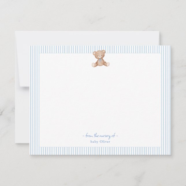 Teddy Bear Baby Boy blau-weiße Grenze Dankeskarte (Vorderseite)