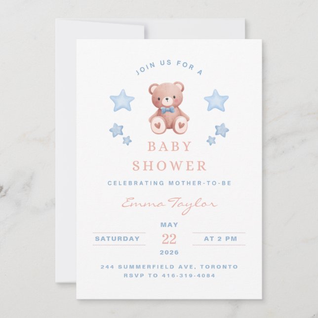 Teddy Bear Baby Boy Shower - Soft Blue Stars Einladung (Vorderseite)