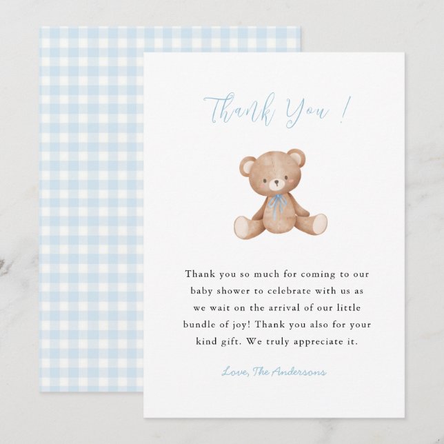 Teddy Bear Baby Carte de remerciements douche garç (Devant / Derrière)
